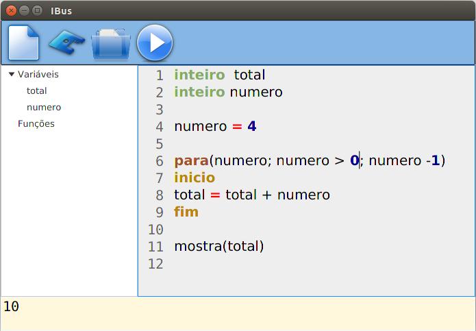 Por sua vez a interface em Java pode ser vista na Figura 1, onde é executado um algoritmo fatorial na linguagem desenvolvida.