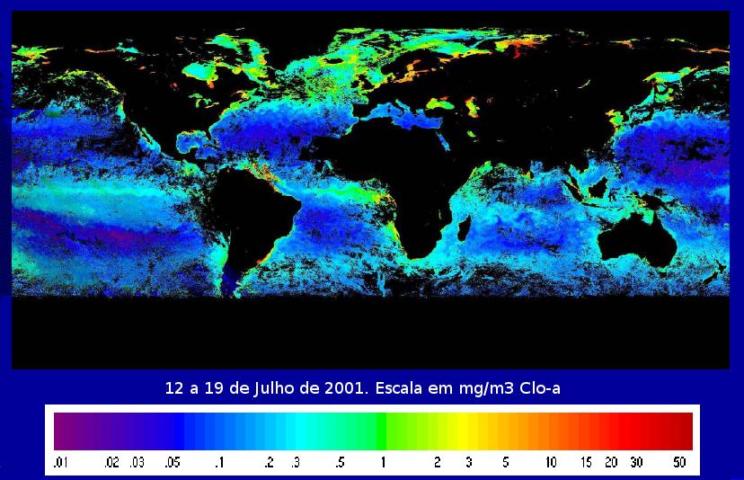 Aplicações Análises Globais Aplicações: Distribuição de clorofila global Composite de 8 dias da