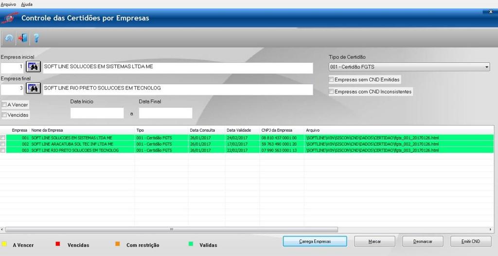 Na página inicial, uma vez já armazenado as certidões, o usuário pode estar efetuando uma consulta para verificar as datas de validade das mesmas.