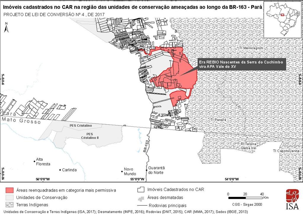 e o maior, cerca de 8.646 hectares ( veja figura abaixo ). Figura 15 Registros de CAR na região das unidades de conservação ameaçadas pelo PLV nº4 de 20