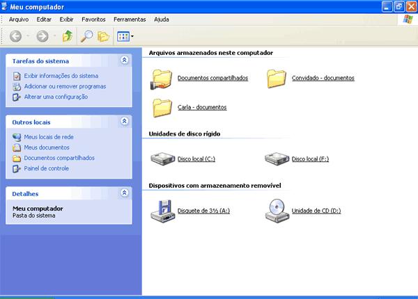 1. Dê um clique sobre a pasta correspondente ao disco rígido (C:) 2. Será aberta uma janela com título correspondente ao rótulo da unidade de disco rígido C:.