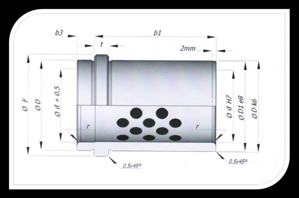 BUCHA DE GUIA PARA ESTAMPO LBMGC Bronze com lubrificante sólido MODELO d D F (+0/0,1) t (+0/0,1) b3 (+/0,2) r b1 (0,5/1,0) 16 20 25 32 40 50 63 80 100 125 160 LBMGC 09 9 x x x x x x 14 17 3 LBMGC 10
