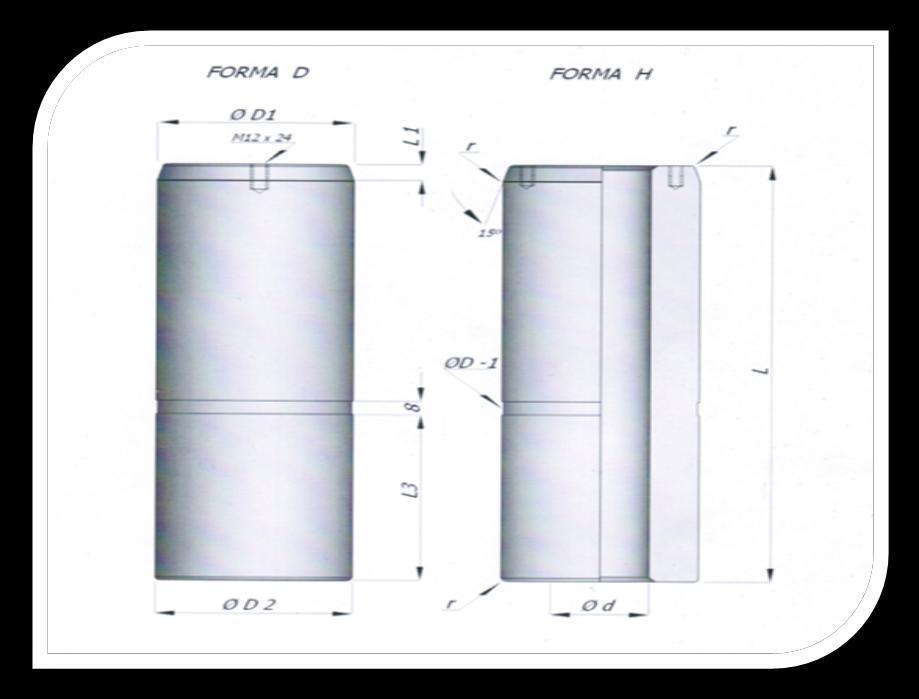 COLUNA DE GUIA LCMGU Aço (58/60 HRC) Forma D Coluna MACIÇA Ø25 a Ø63 mm Forma H Coluna OCA Ø80 a Ø 160 mm Modelo D1/D2 g6/r6 L (Comprimento Total) (+0/1) d (+/2) L1 (+0,8) 125 140 160 180 200 224 250