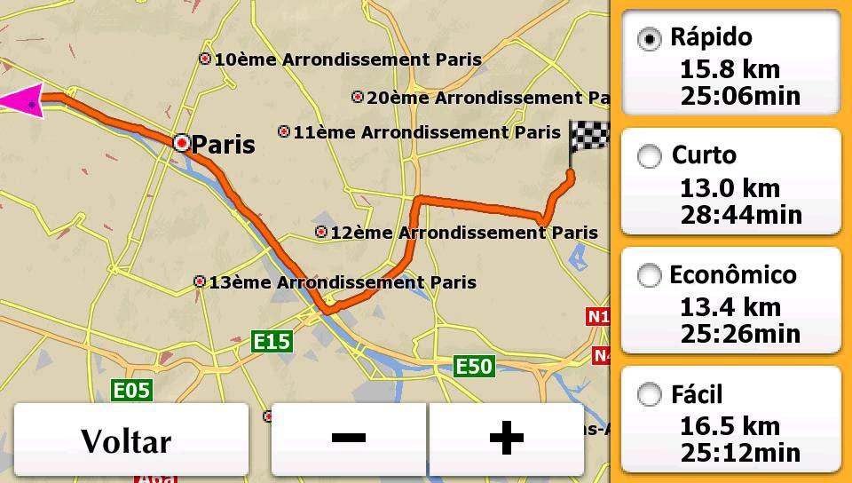 rota são exibidas. Clique em qualquer um dos métodos, e a linha laranja no mapa exibe imediatamente a rota com o método de planejamento de rota selecionado.