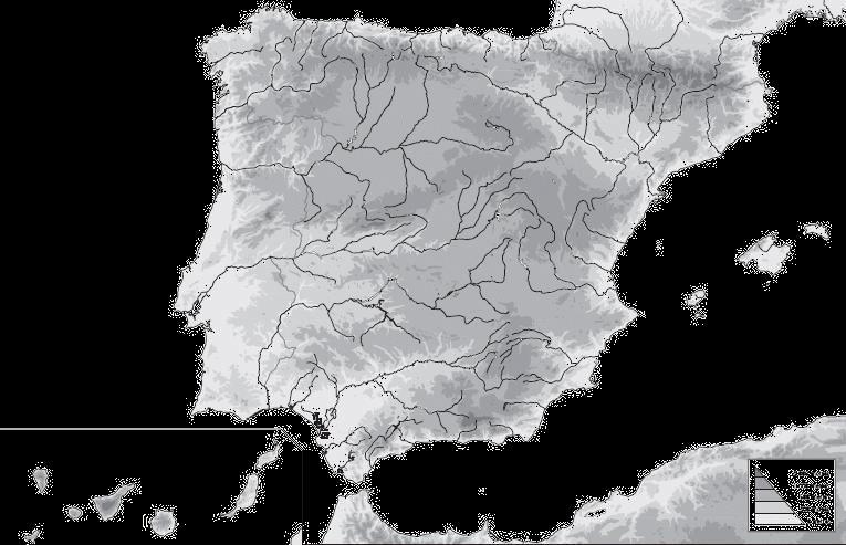 14. Neste mapa da Península Ibérica sitúa os seguintes accidentes de relevo: Depresión do Ebro. Pirineos. Serra Morena.Sistema Ibérico.