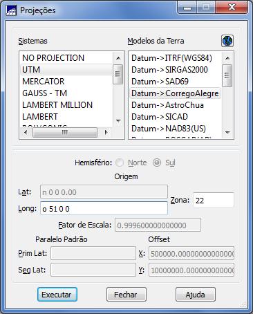 Clique em Executar na janela Projeção. De volta à janela Projetos, defina o Retângulo Envolvente. Para tanto, escolha a opção GMS (Coordenadas Geográficas em Graus, Minutos, Segundos).