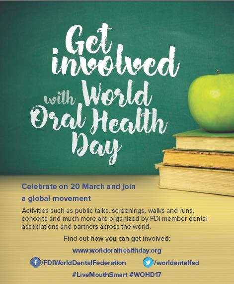 Envolva-se com o Dia Mundial da Saúde Oral Comemore o dia 20 de março e junte-se ao movimento global Atividades como palestras, exposições, passeios e corridas e muito mais são organizadas por