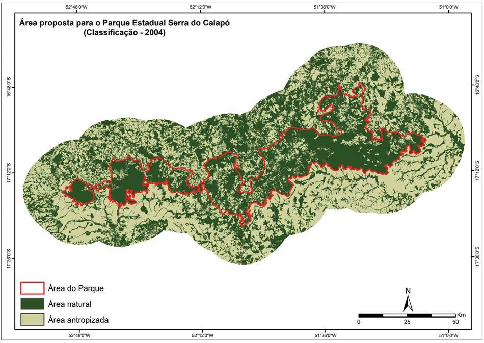 Avaliação do desmatamento após a interrupção do processo de criação de áreas protegidas em Goiás PARQUE ESTADUAL DA SERRA DO CAIAPÓ Em 2004, a área de estudo do PE da Serra do Caiapó apresentou, após
