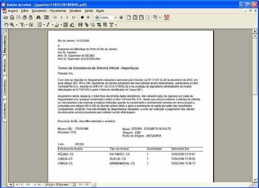 Exemplo de Termo de Liberação de Avaria Aduaneira. www.grupolibra.com.br (21) 2585-8585 Av.