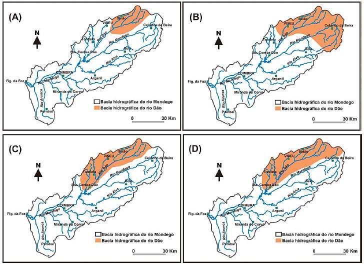 1. Duas das bacias hidrográficas que confinam com a bacia do rio Mondego são as dos rios... (A) Minho e Vouga. (B) Vouga e Tejo. (C) Tejo e Guadiana. (D) Minho e Guadiana. 2.