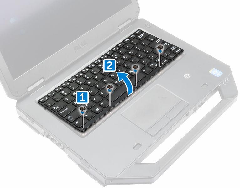 b. Levante as bordas e vire o teclado sobre a tela [2]. 4. Para remover o teclado: a. Remova os parafusos que prendem a porta do teclado.