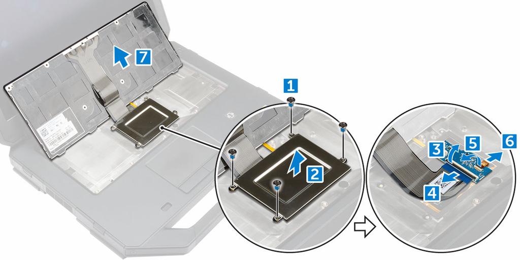 d. Remova o teclado do computador [7]. Como instalar o teclado 1. Conecte os cabos do teclado aos conectores na placa de sistema. 2.