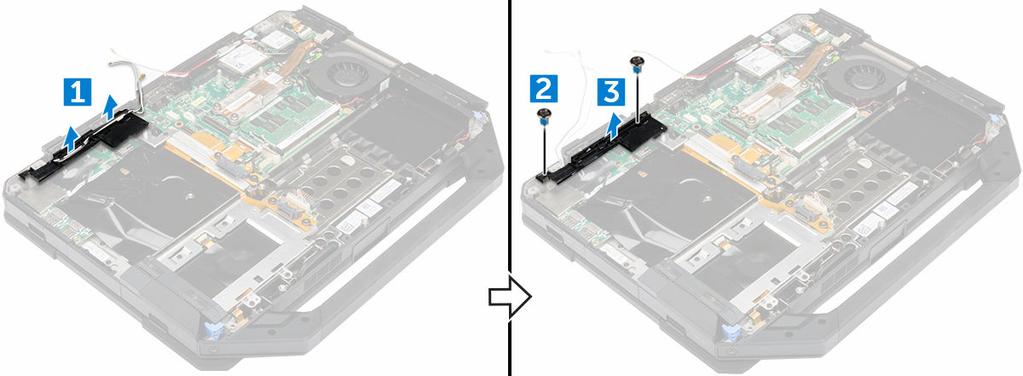 5. Instale: a. tampa da base b. unidade óptica c. disco rígido d. bateria 6. Siga o procedimento descrito em Após trabalhar na parte interna do computador.