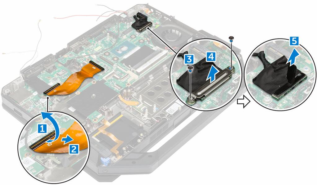 c. placa de GPS d. tampa da base e. unidade óptica f. disco rígido g. bateria 6. Siga o procedimento descrito em Após trabalhar na parte interna do computador.