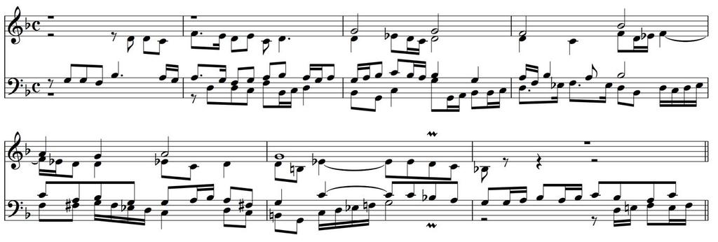 harmonização do cantus firmus em mínimas com progressão harmônica em semínimas, uso de acordes em estado fundamental (F), acordes de sexta (6), acordes
