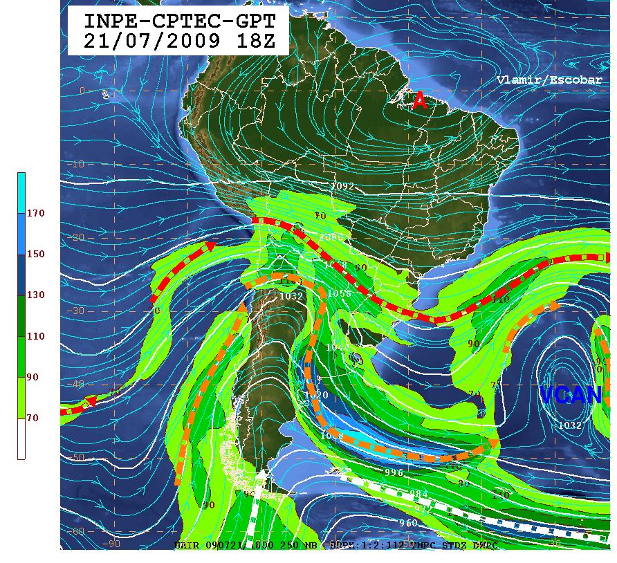Onda frontal associada a instensa massa de ar frio causa temporais e derruba a temperatura no centro-sul do continente Sulamericano Entre os dias 20 e 23 de julho de 2009, a formação de uma intensa