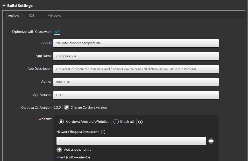 Agora voltando para o Intel XDK, vamos configurar o Build Settings para fazer a compilação