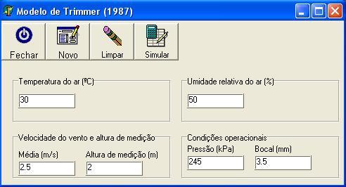 O formulário de entrada de dados para a simulação com o modelo de Trimmer (1987), no qual devem ser inseridas informações a respeito da temperatura do ar, umidade relativa do ar, velocidade do vento,