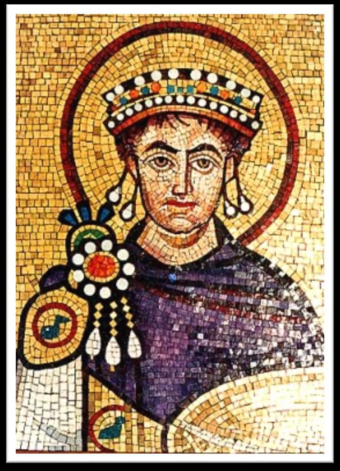 O Imperador Justiniano e a Imperatriz Teodora eram representados com a cabeça aureolada; ARTE BIZANTINA