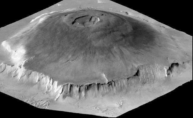 Olympus Mons: a maior montanha vulcânica conhecida no Sistema Solar (20 km de altura e 600 km de base