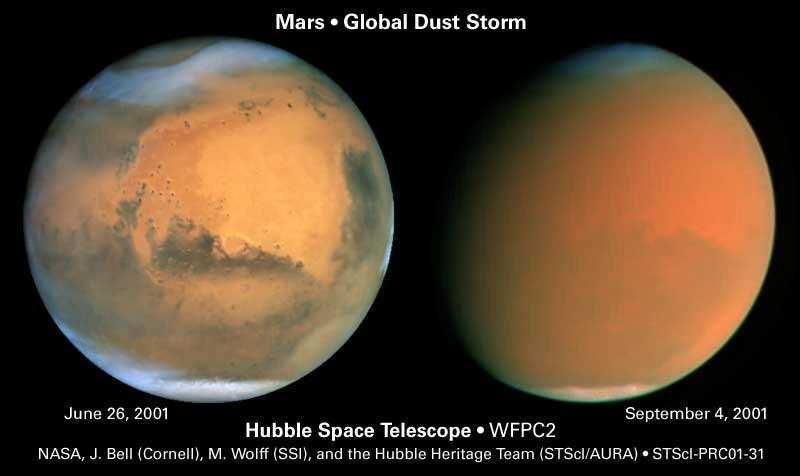 Duas fotos do planeta Marte. Na da esquerda podemos ver as calotes polares e alguns detalhes do relevo do planeta.