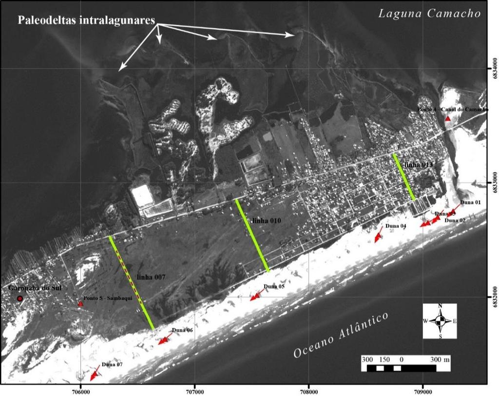 114 Comportamento Evolutivo da Barreira Costeira junto ao Balneário do Camacho, Jaguaruna/SC Para um entendimento acerca do comportamento transgressivo da linha de costa, observado nos produtos