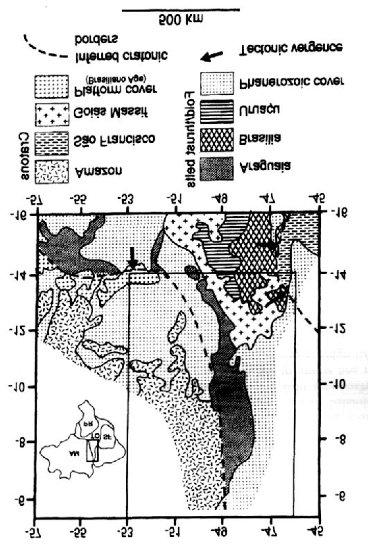 14 Ussami & Molina (1999) (ver Figuras 10 e 11) efetuaram estudos gravimétricos, magnéticos e de flexura para explicar a formação da Faixa Araguaia com a colisão dos crátons Amazônico e São Francisco