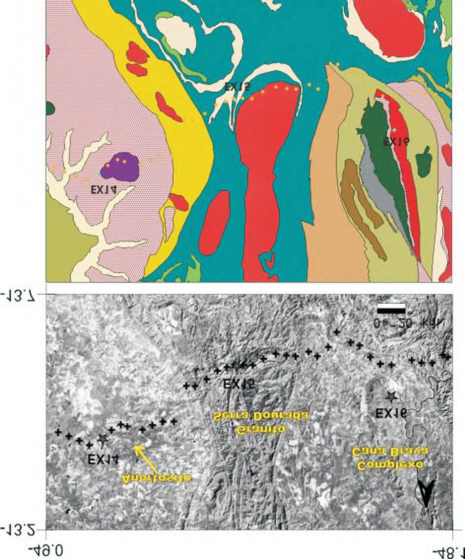 19 EX21 EX16 EX21 EX16 Legenda Crosta Laterítica Aluvião Complexo Granito Gnaisse Anortosito Micaxisto Grupo Serra da Mesa Grupo Araí Granitos Sequência Vulcano-sedimentar Palmeirópolis Vulacno