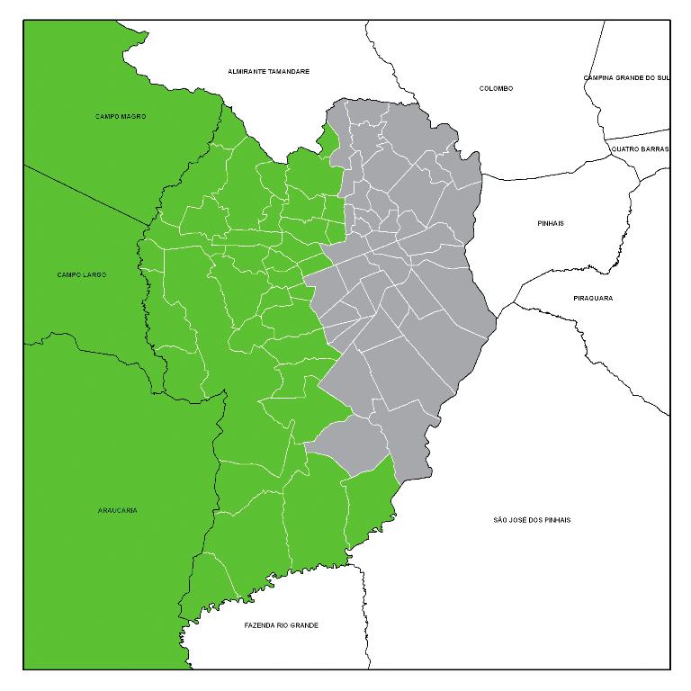 Inácio, São Braz, São Francisco, São João, São Lourenço, Taboão, Tarumã, Tinguí, Vista Alegre. Municípios da RM: Almirante Tamandaré, Campo Magro, Colombo, Pinhais, Rio Branco do Sul.