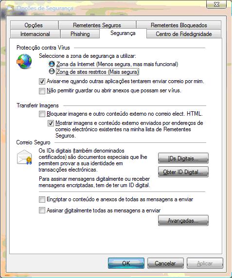 / Warn me when other applications try to send mail as me Desactive a opção Não permitir abrir ou guardar anexos que potencialmente possam ser um vírus / Do not allow attachements to be saved or