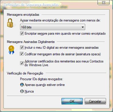 Seleccione 168 bits Active a opção Encriptar sempre para mim próprio quando enviar correio encriptado / Always encrypt to myself when sending encripted mail Active a opção Incluir o meu ID digital ao