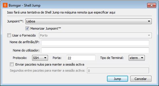 Para iniciar uma sessão de Shell Jump, abra a caixa de diálogo Shell Jump em: Menu Apoio Técnico da consola do técnico de apoio ao cliente O botão Shell Jump na parte superior da consola de apoio