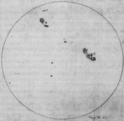 Figura 01.06.13: Reprodução de um desenho de Galileu mostrando as manchas solares, em 23 de junho de 1612.