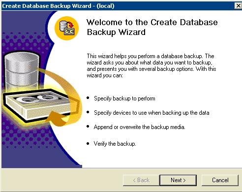 Figura 4: Selecione o assistente A tela de wizard do backup da base de dados