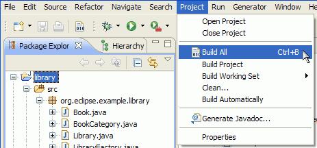 4)Clique sobre o projeto library na árvore e depois, no menu principal, Project/Build All