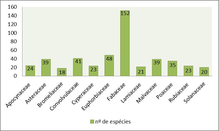 As 12 famílias com maior riqueza representam cerca de 57% do total de espécies registradas, sendo elas: Fabaceae (152 spp.), Euphorbiaceae (48 spp.), Convolvulaceae (41 spp.