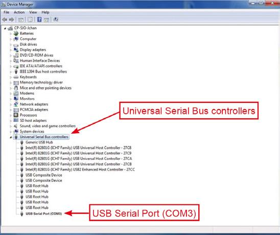 5. No gerenciador de dispositivos, clique com o botão direito do mouse em Universal Serial Bus Controllers : 6. Em Universal Serial Bus Controllers, encontre USB Serial Port (COM3).