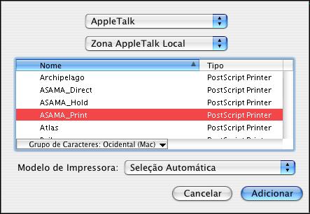 CONFIGURAÇÃO DA IMPRESSÃO NO MAC OS X 13 4 Para AppleTalk, selecione Zona AppleTalk e o nome do Fiery EXP4110.