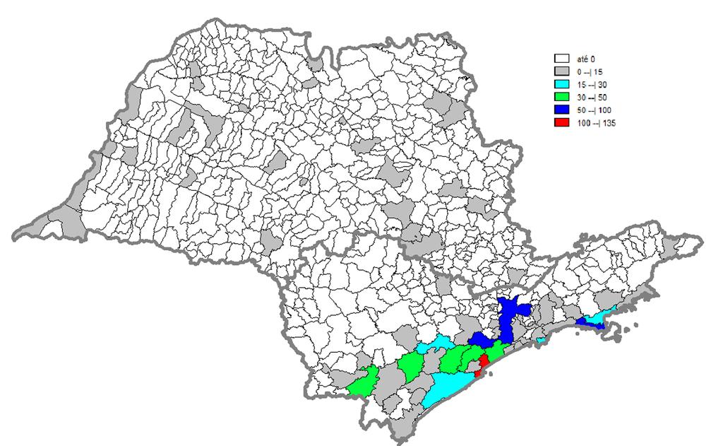 Rev Soc Bras Med Trop 43(1):52-58, jan-fev, 2010 Figura 1 - Número de casos (n o 816) de malária autóctone segundo municípios e regiões leste e oeste do Estado de São Paulo, 1980 a 2007.