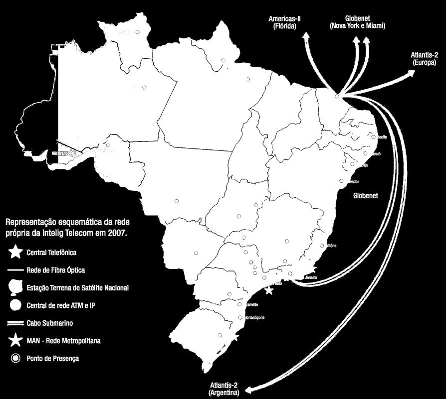 3 A Intelig Telecom A Rede Intelig Telecom Investimento de R$ 2,8 bilhões em infra-estrutura e equipamento de última geração 500 mil km de cabos de fibra óptica ligando o Brasil de norte a sul, em