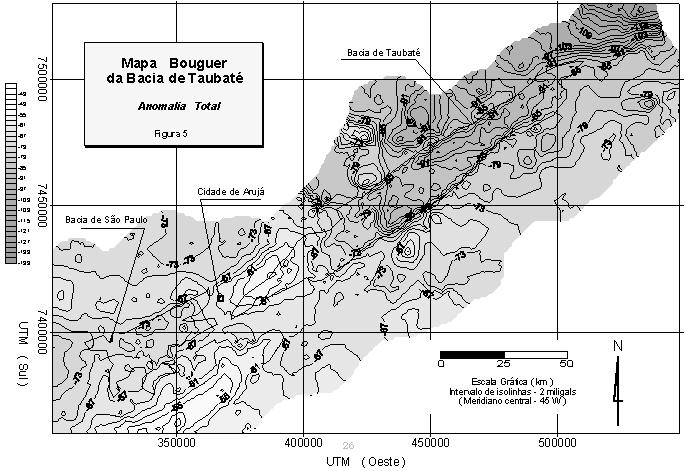 136 Modelagem Gravimétrica da Bacia de Taubaté Figura 5 - Mapa Bouguer da Bacia de Taubaté. As correções aplicadas foram as tradicionais (Latitude, Ar Livre e Bouguer), além da correção de terreno.