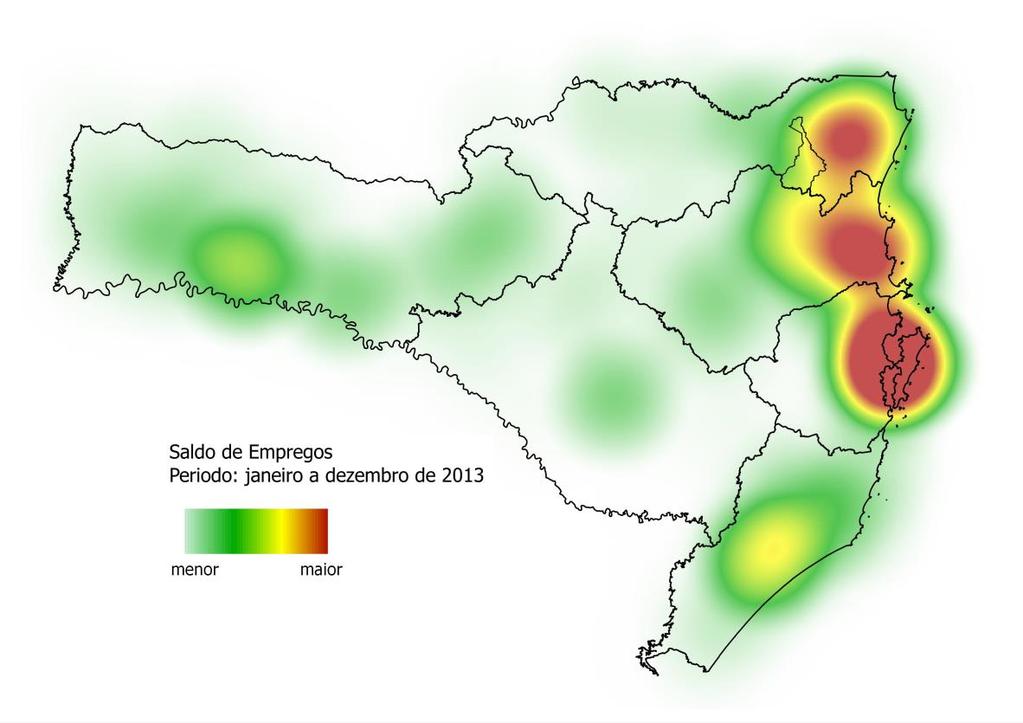 Figura 8 Mapa termal do saldo positivo entre admissões e demissões em Santa Catarina, no ano de 2013, por região Fonte: Elaborado pelo INSTITUTO JOURDAN a partir de dados CAGED (2013).
