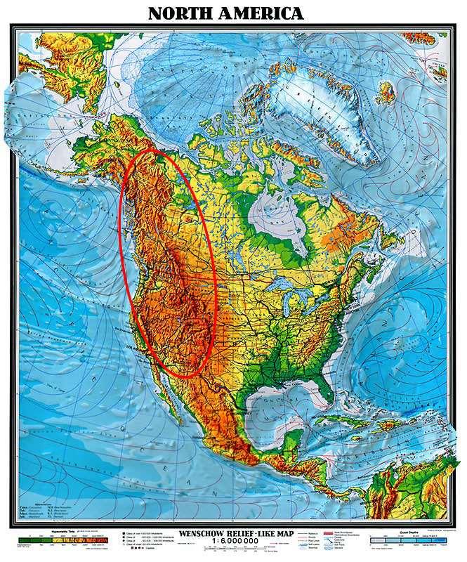 As montanhas rochosas se subdividem em três: Cadeia da Costa, que acompanha o litoral do Pacifico, desde o Alasca até o México.