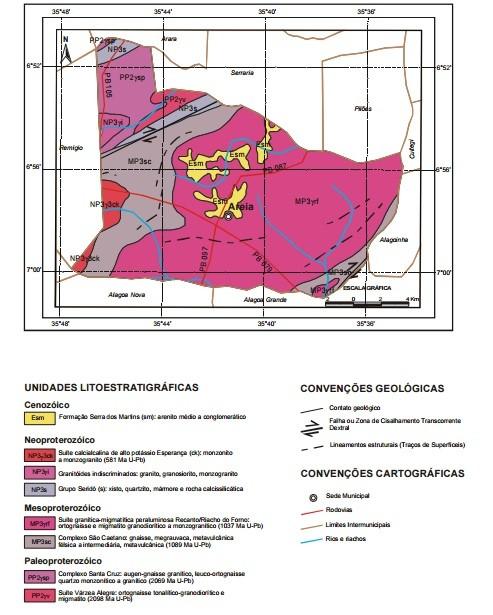 geologias do Planalto da Borborema e Piemonte da Borborema, entre elas esta a Suíte Recanto/Riacho do Forno do Mesoproterozoico, caracterizada