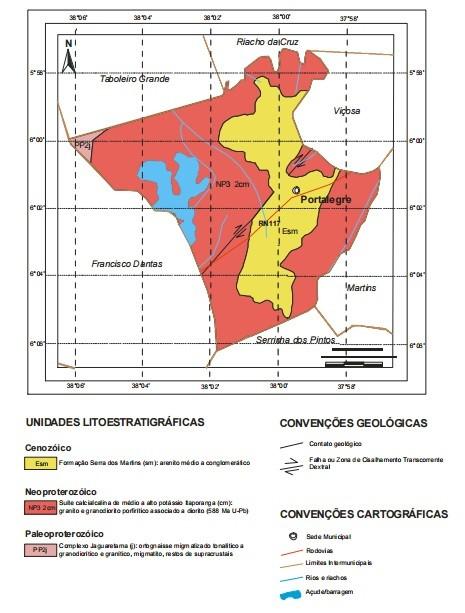 No município de Portalegre os sedimentos da FSM são registrados em platôs (600-800m), sobrepondo unidades litoestratigráficas que compõem geologias de transição entre o Planalto da Borborema,