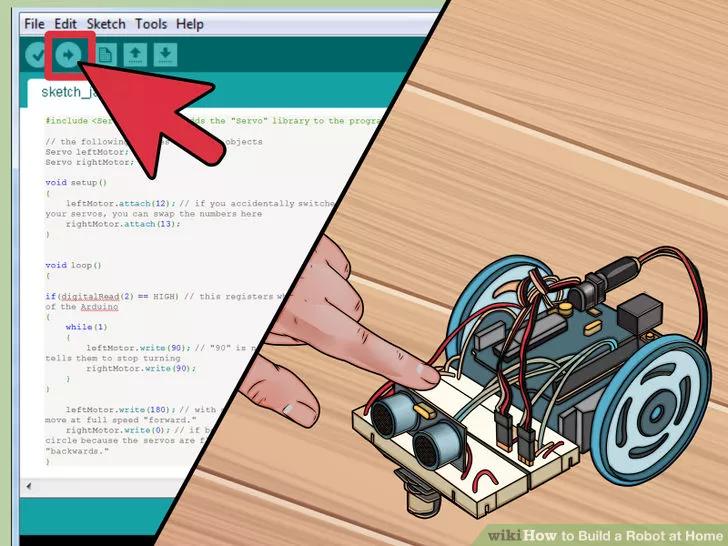 5 Upload and test your code. With the kill switch code added, you can upload and test the robot. It should continue to drive forward until you press the switch, at which point it will stop moving.