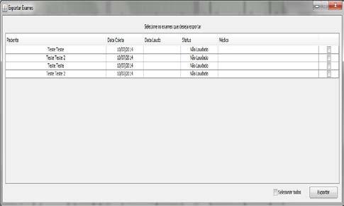 No sistema a exportação pode ser feita para um ou mais exames. Os exames são compactados juntos dentro de um único arquivo, que pode ser enviado via e-mail, por exemplo.