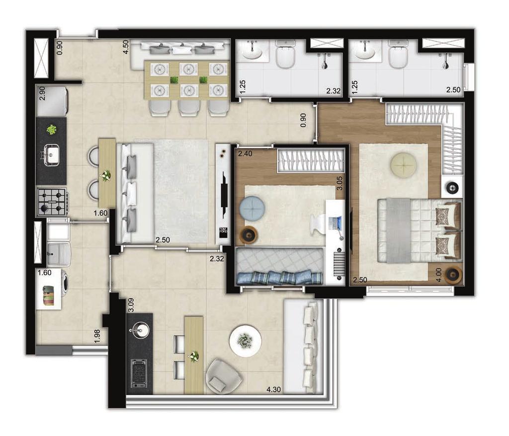 PLANTA PADRÃO 68,70 M 2 2 DORMS 1 SUÍTE 1 VAGA PLANTA PADRÃO 68,20 M 2 2 DORMS 1 SUÍTE 1 VAGA Água quente Água quente Água quente Banho da suíte com iluminação e ventilação natural Banho da suíte com