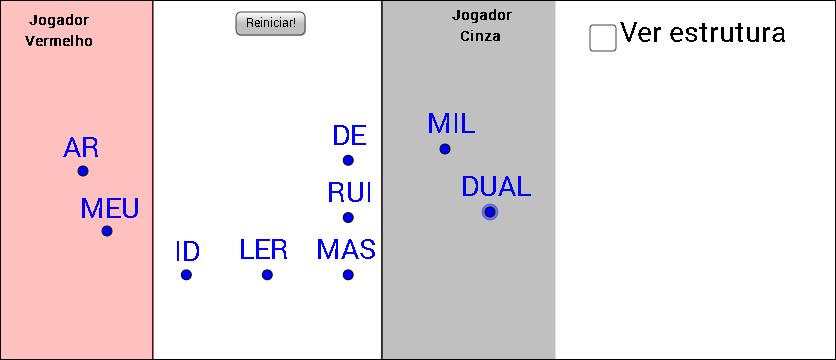 ESTRUTURA: O JOGO DAS LETRAS EM COMUM Dois jogadores, um de cada vez e de forma alternada, devem escolher uma das palavras AR, MIL, DE, MEU, DUAL, RUI, ID, LER e MAS.