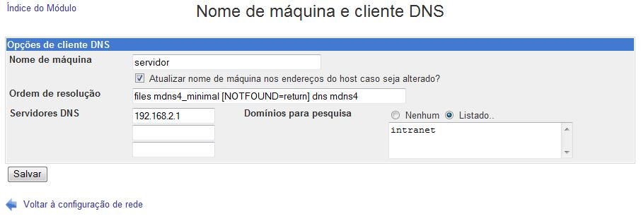 Configuração do servidor DNS Acessar no Webmin em Rede/